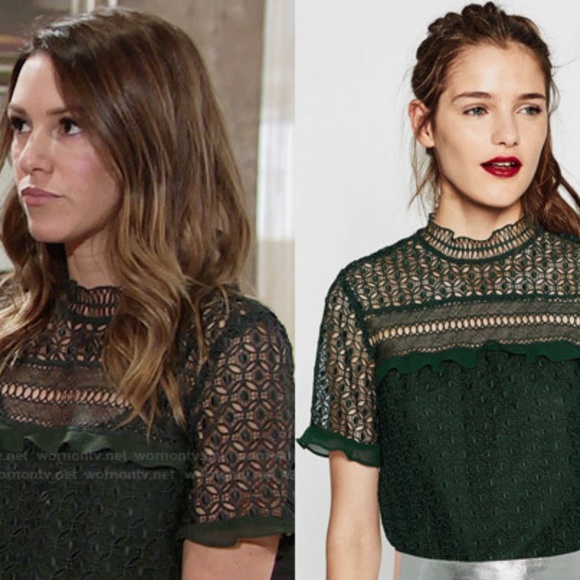 Zara Dark Green Guipure Crochet Lace Frill Detail Top Blouse Medium - Picture 5 of 6